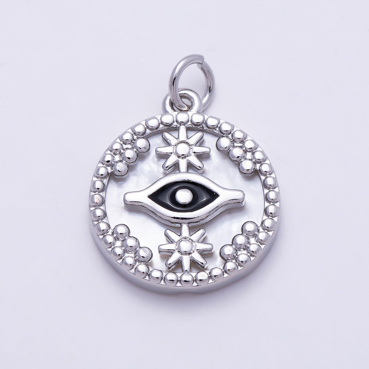 16K Gold Filled 18mm Black Evil Eye Star Shell Pearl Round Charm in Gold & Silver | Charms-01353 - DLUXCA