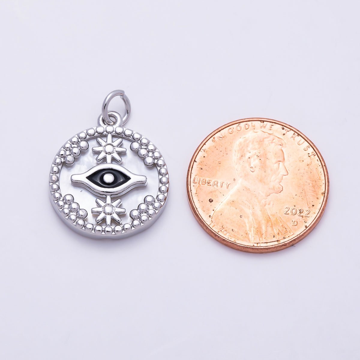 16K Gold Filled 18mm Black Evil Eye Star Shell Pearl Round Charm in Gold & Silver | Charms-01353 - DLUXCA