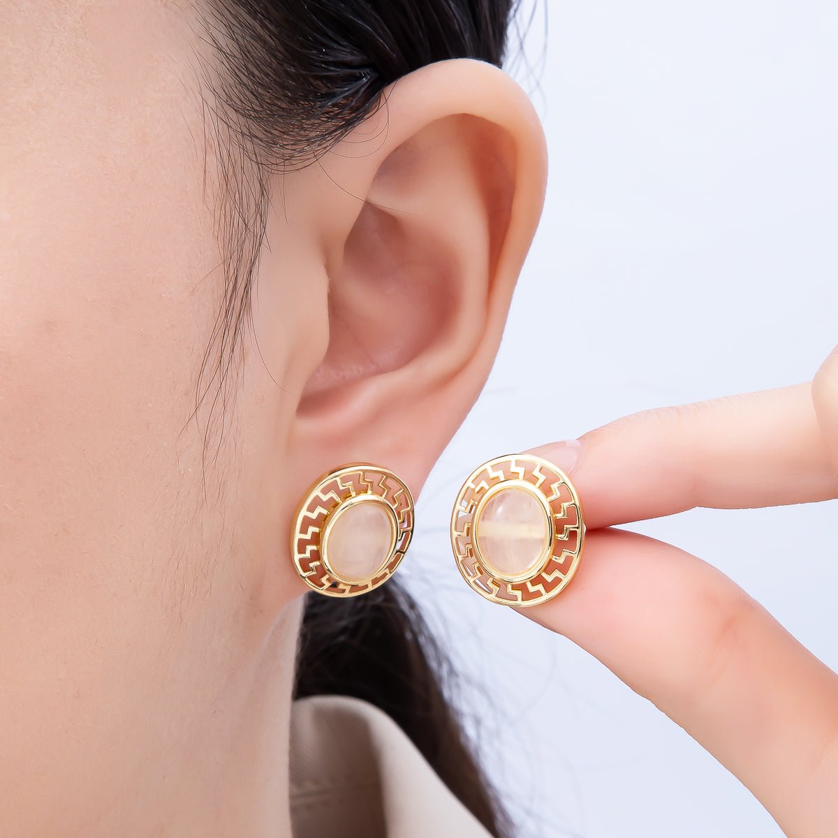 16K Gold Filled 18mm Carnelian, White Quartz, Kyanite Gemstone Open Filigree Geometric Bezel Stud Earrings | Earrings - 00343 ~ Earrings - 00345 - DLUXCA