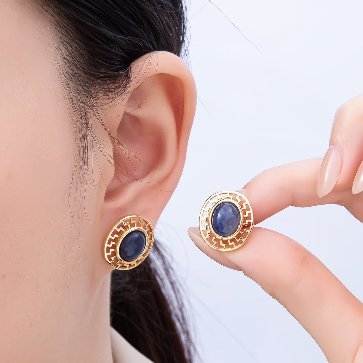 16K Gold Filled 18mm Carnelian, White Quartz, Kyanite Gemstone Open Filigree Geometric Bezel Stud Earrings | Earrings - 00343 ~ Earrings - 00345 - DLUXCA