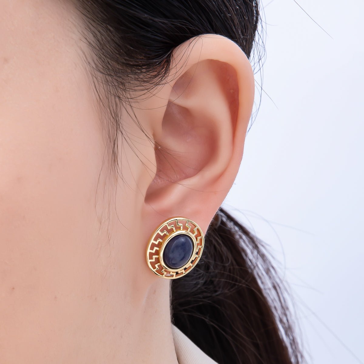 16K Gold Filled 18mm Carnelian, White Quartz, Kyanite Gemstone Open Filigree Geometric Bezel Stud Earrings | Earrings - 00343 ~ Earrings - 00345 - DLUXCA