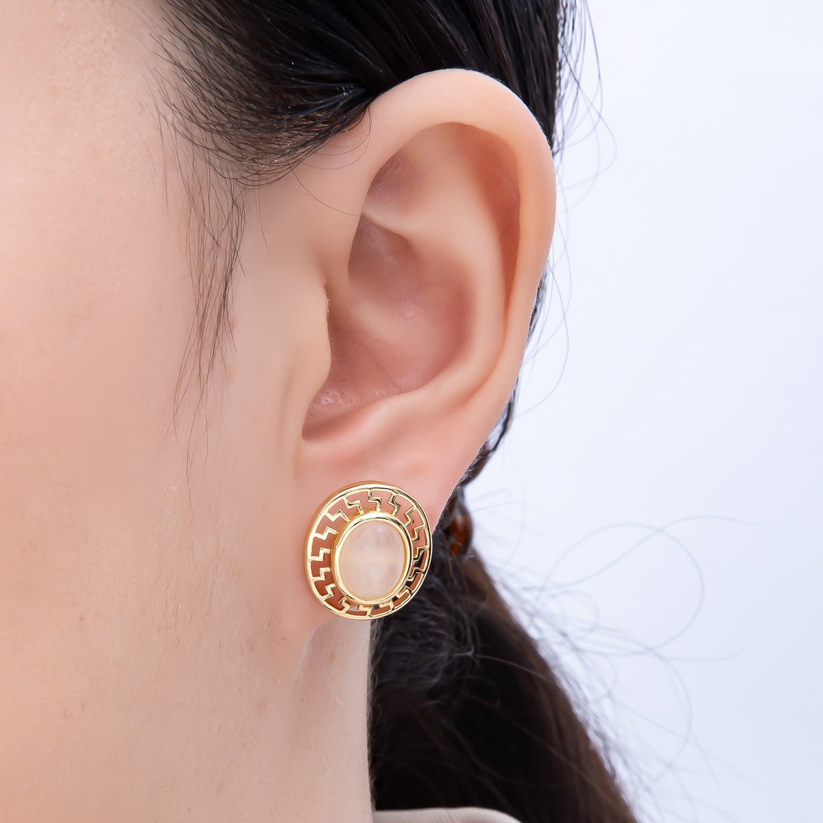 16K Gold Filled 18mm Carnelian, White Quartz, Kyanite Gemstone Open Filigree Geometric Bezel Stud Earrings | Earrings - 00343 ~ Earrings - 00345 - DLUXCA