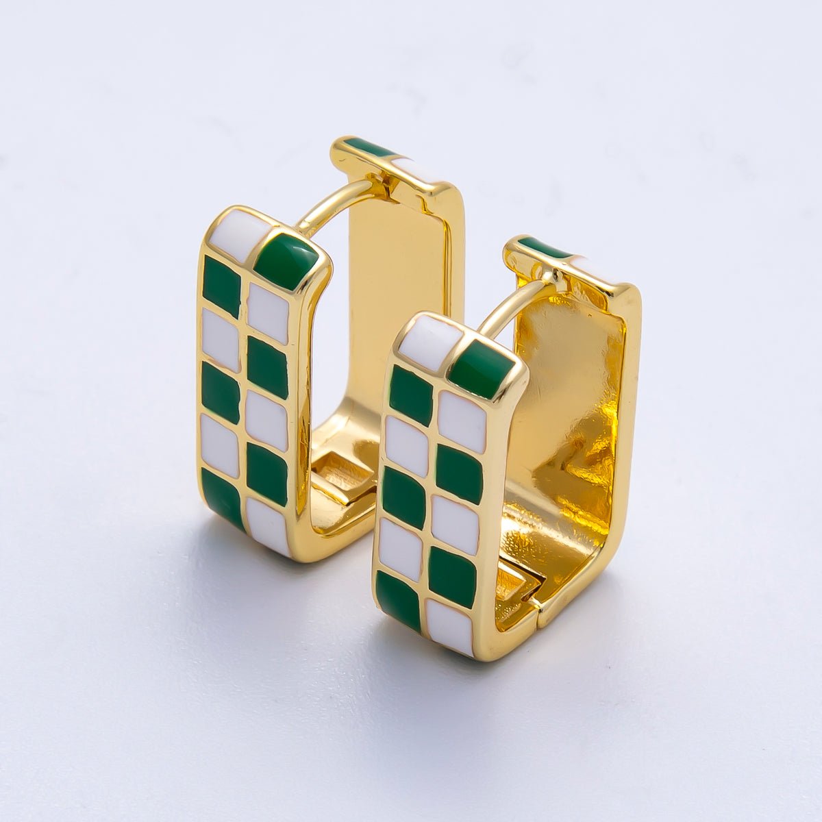 16K Gold Filled 18mm Checkered Enamel Square Huggie Earrings | Earrings - 00309 ~ Earrings - 00314 - DLUXCA