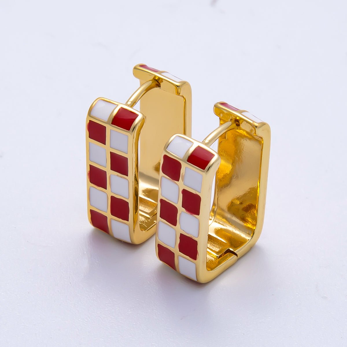 16K Gold Filled 18mm Checkered Enamel Square Huggie Earrings | Earrings - 00309 ~ Earrings - 00314 - DLUXCA