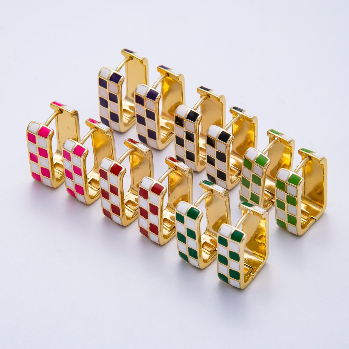 16K Gold Filled 18mm Checkered Enamel Square Huggie Earrings | Earrings - 00309 ~ Earrings - 00314 - DLUXCA