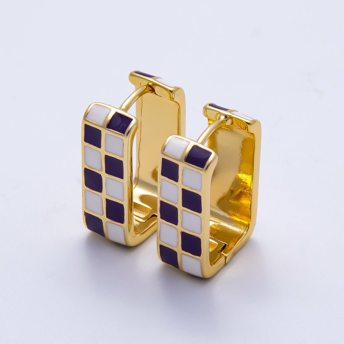 16K Gold Filled 18mm Checkered Enamel Square Huggie Earrings | Earrings - 00309 ~ Earrings - 00314 - DLUXCA