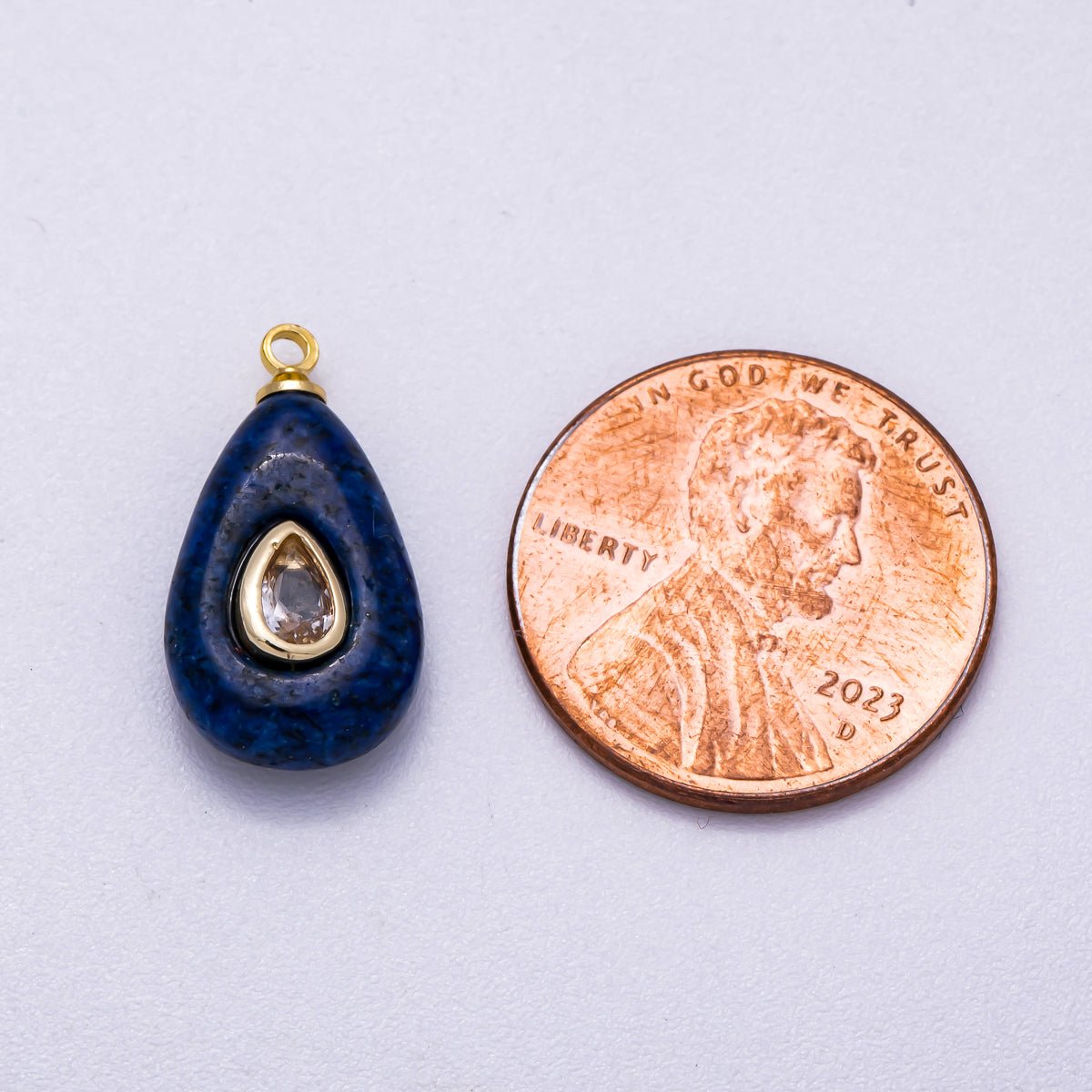 16K Gold Filled 18mm Clear CZ Embedded Blue Lapis Lazuli Teardrop Charm | Charms - 00579 - DLUXCA