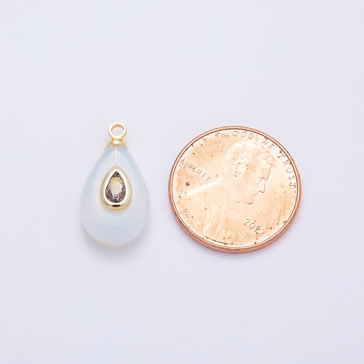 16K Gold Filled 18mm Clear CZ Embedded White Opal Gemstone Teardrop Charm | Charms-01203 - DLUXCA
