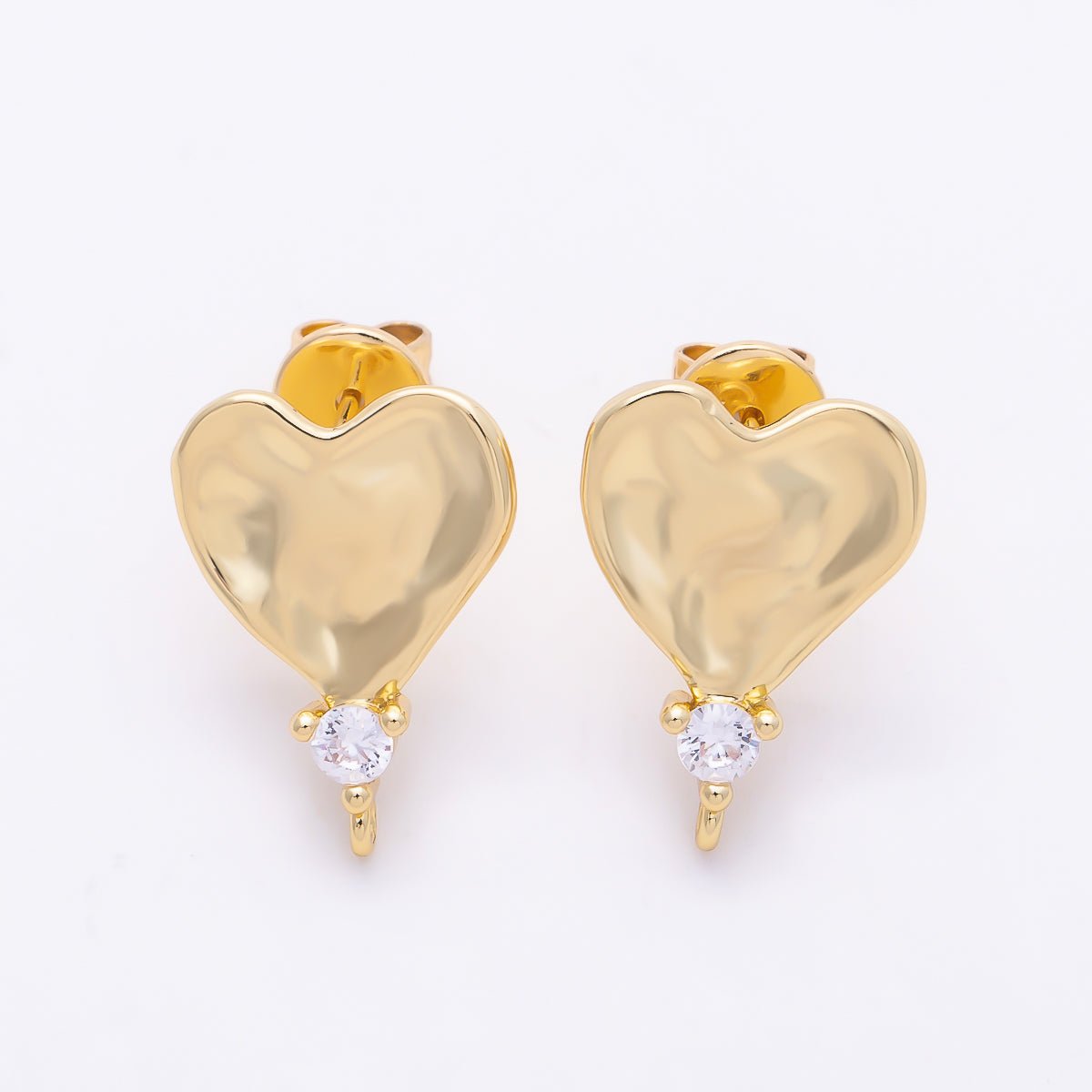 16K Gold Filled 18mm Clear CZ Hammered Heart Drop Stud Earring Findings | Findings-00509 - DLUXCA