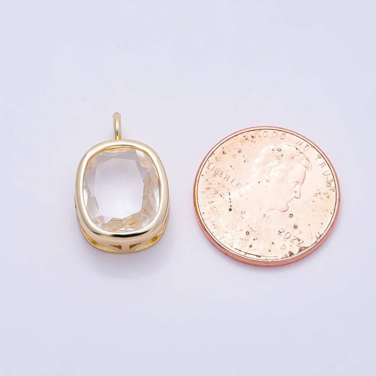 16K Gold Filled 18mm Clear CZ Rounded Oval Baguette Solitaire Bezel Pendant | Charms-01373 - DLUXCA