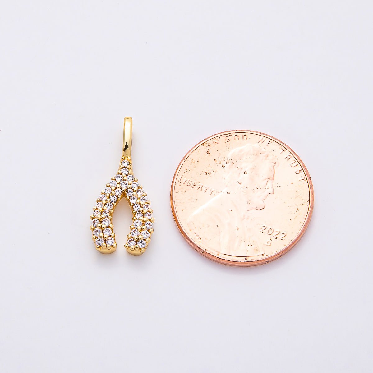 16K Gold Filled 18mm Clear Micro Paved CZ Wishbone Lucky Mini Pendant | Charms - 00848 - DLUXCA