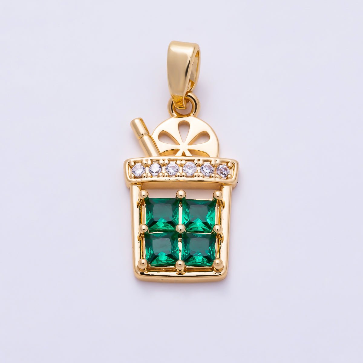 16K Gold Filled 18mm Emerald Green CZ Iced Lemonade Juice Cup Pendant | Charms-01946 - Charms-01947 - DLUXCA