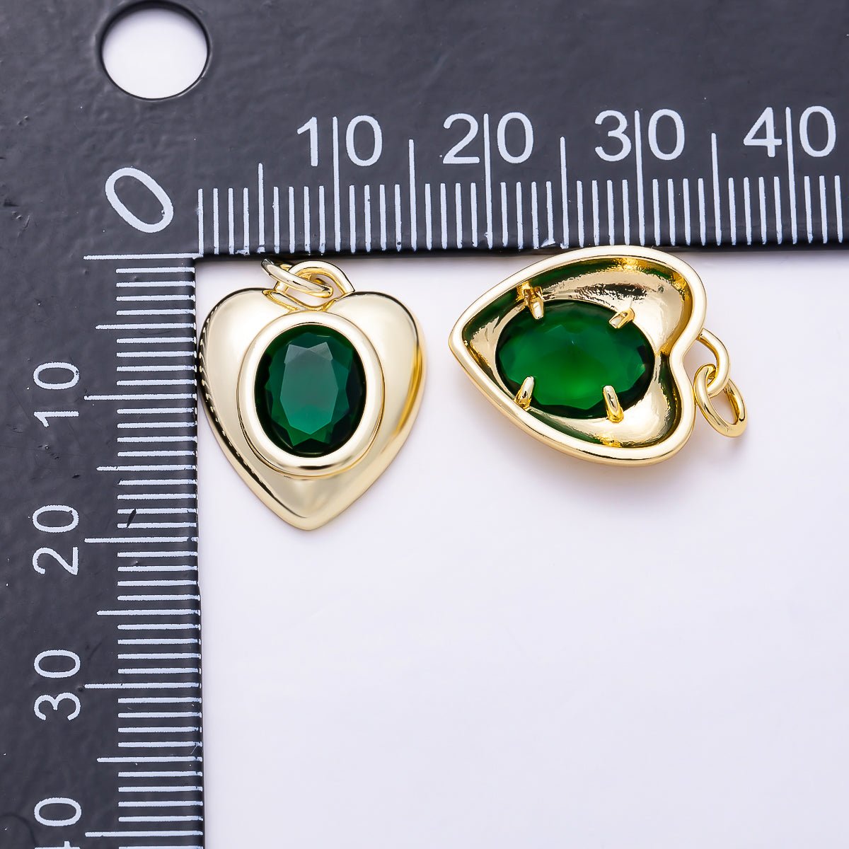 16K Gold Filled 18mm Emerald, Turquoise, and Clear Oval Faceted CZ Puffy Heart Pendant | Charms-01921 - Charms-01923 - DLUXCA