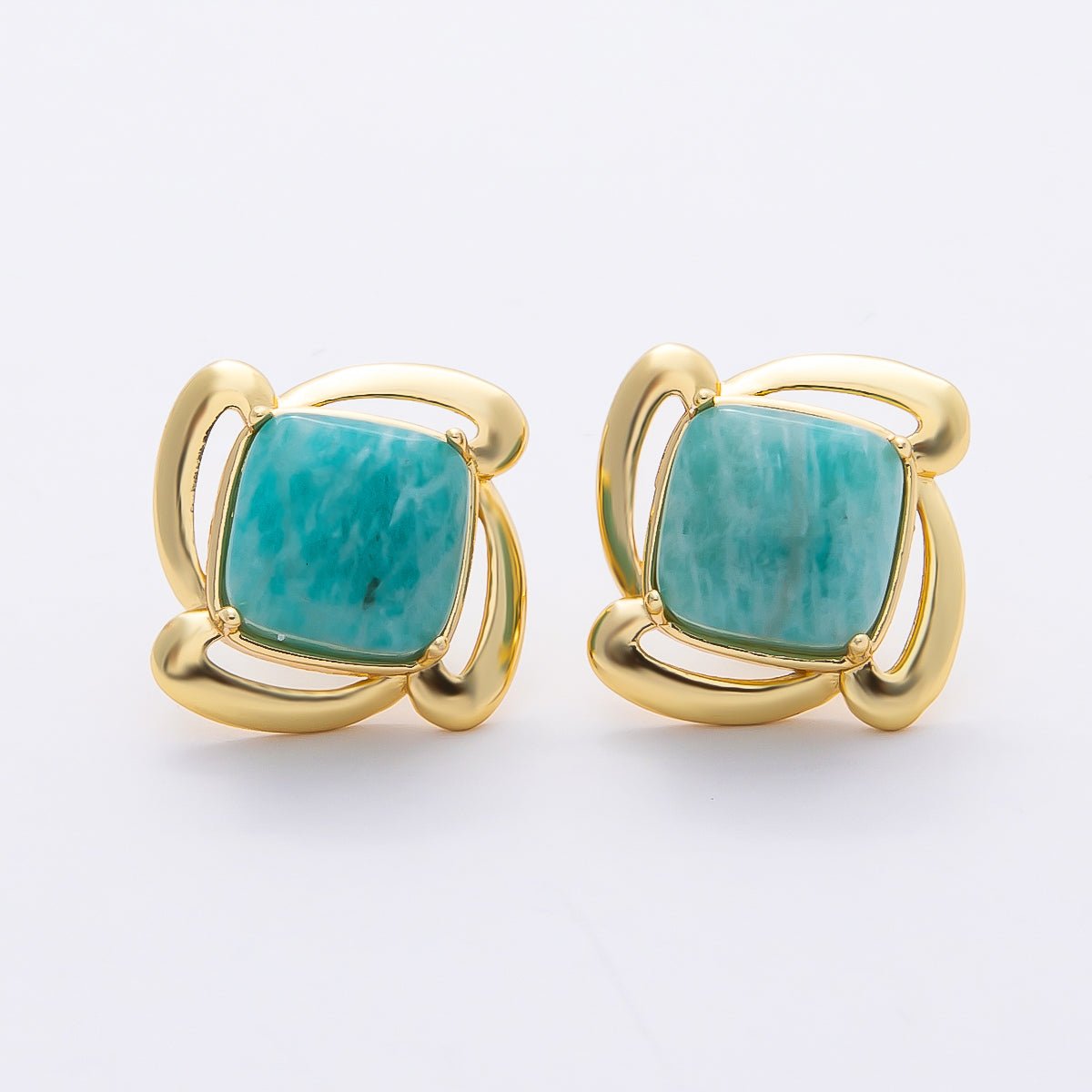16K Gold Filled 18mm Green Amazonite Natural Gemstone Flower Stud Earrings | Earrings - 00366 - DLUXCA