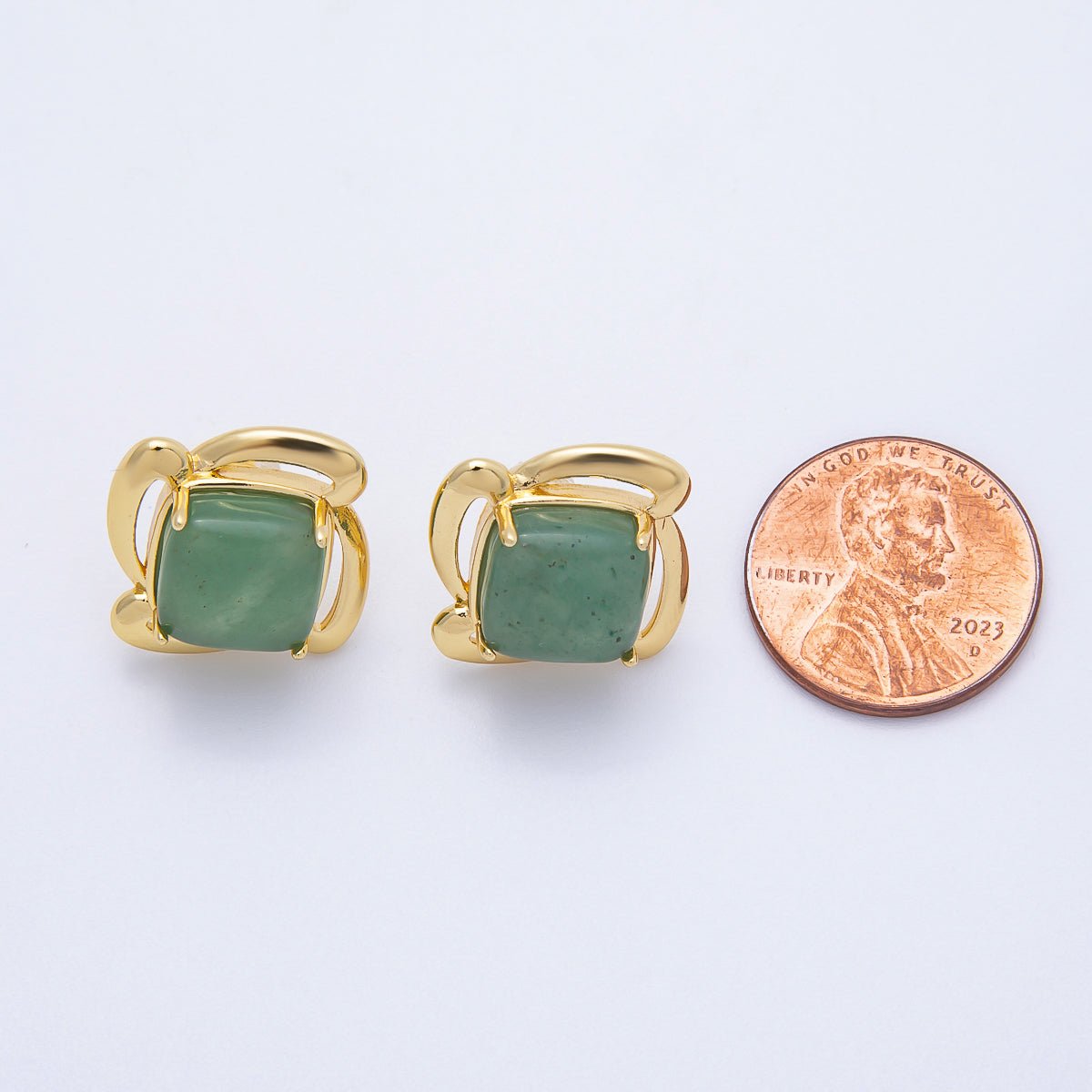 16K Gold Filled 18mm Green Aventurine Gemstone Flower Geometric Circular Stud Earrings | Earrings - 00347 - DLUXCA