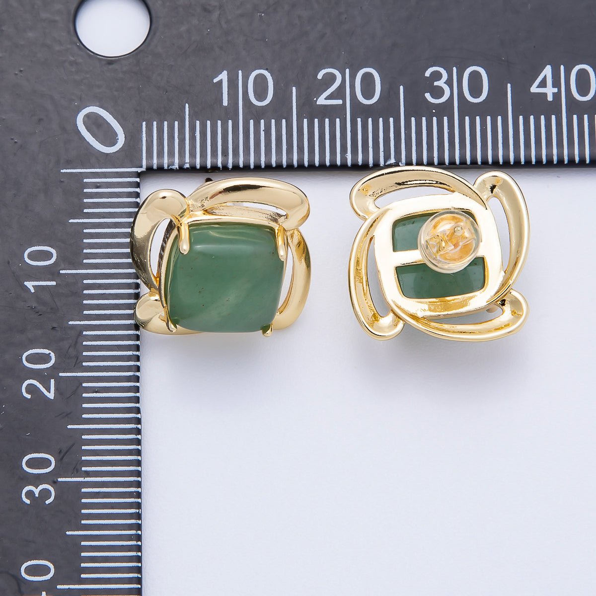 16K Gold Filled 18mm Green Aventurine Gemstone Flower Geometric Circular Stud Earrings | Earrings - 00347 - DLUXCA