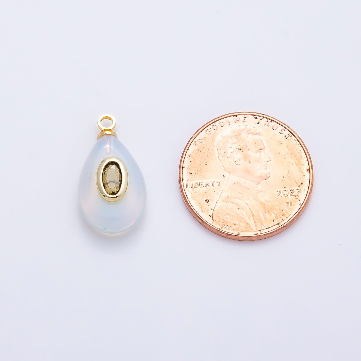 16K Gold Filled 18mm Green CZ Embedded White Opal Gemstone Teardrop Charm | Charms-01204 - DLUXCA