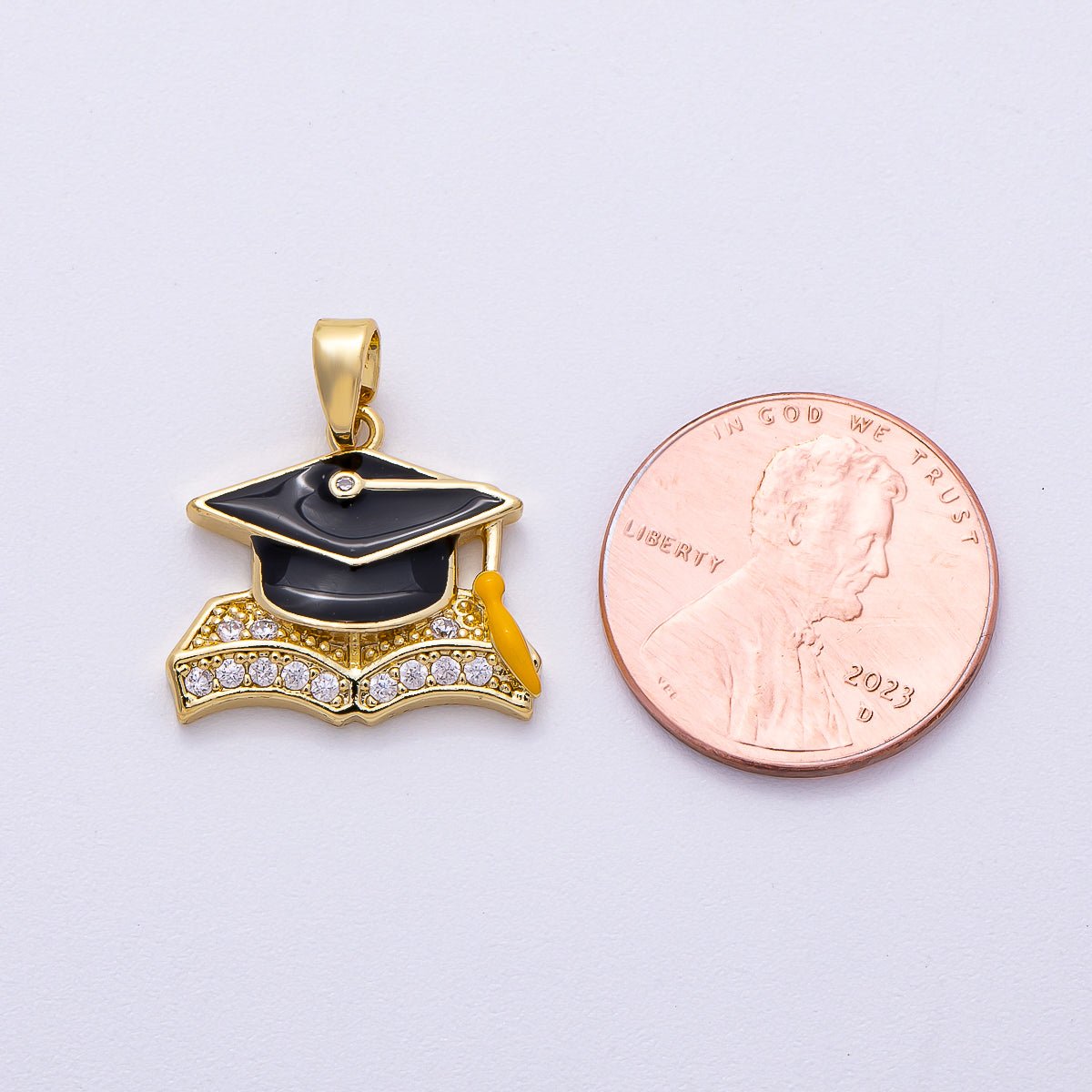 16K Gold Filled 18mm Micro Paved CZ Cap Graduation Enamel Pendant | Charms - 00489 - DLUXCA