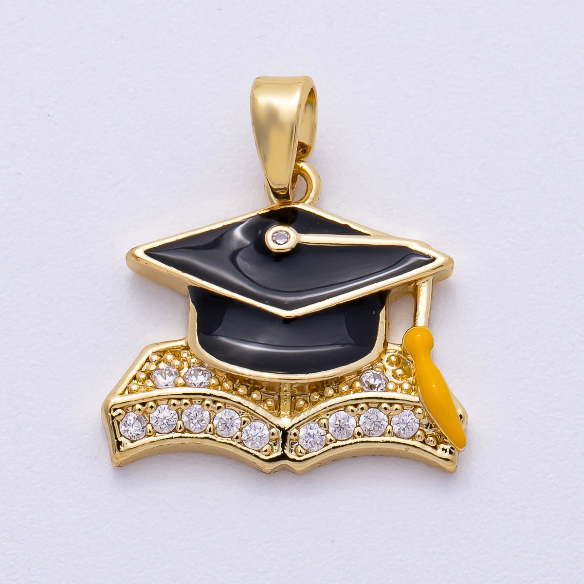 16K Gold Filled 18mm Micro Paved CZ Cap Graduation Enamel Pendant | Charms - 00489 - DLUXCA