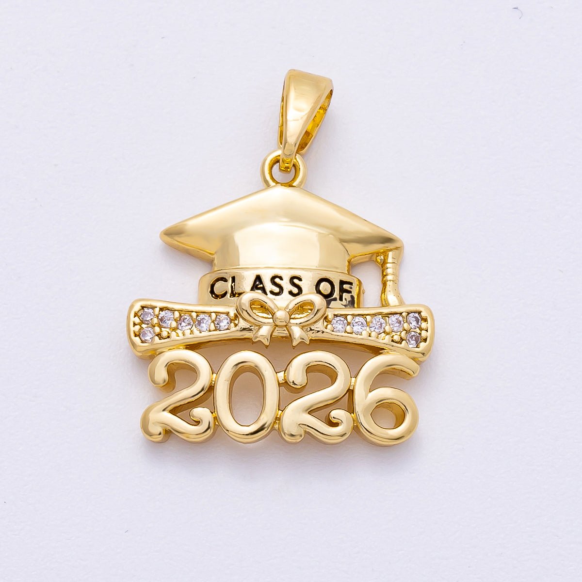 16K Gold Filled 18mm Micro Paved CZ Diploma 2026 Graduation Charm Pendant in Gold & Silver | Charms - 00487 - Charms - 00488 - DLUXCA
