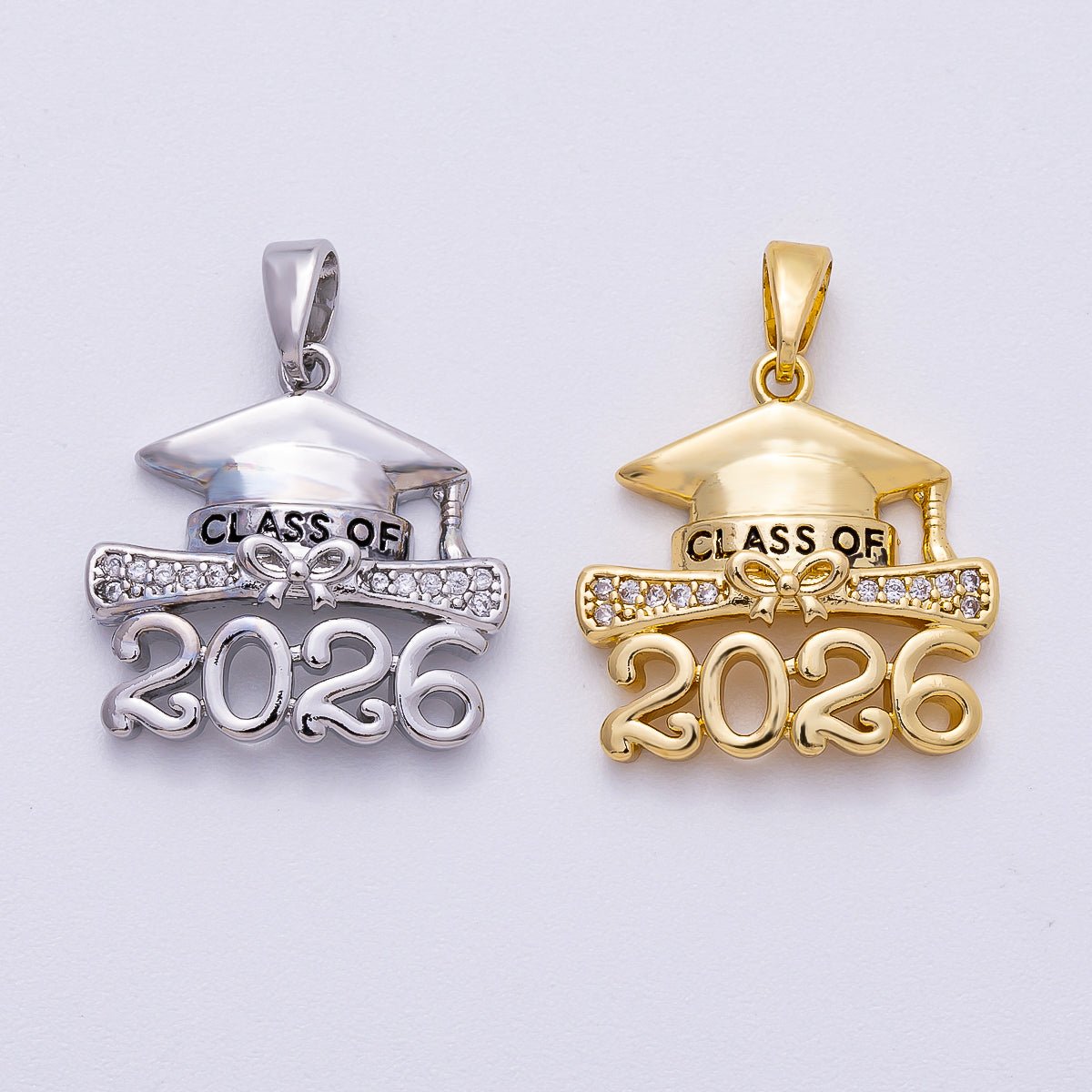 16K Gold Filled 18mm Micro Paved CZ Diploma 2026 Graduation Charm Pendant in Gold & Silver | Charms - 00487 - Charms - 00488 - DLUXCA