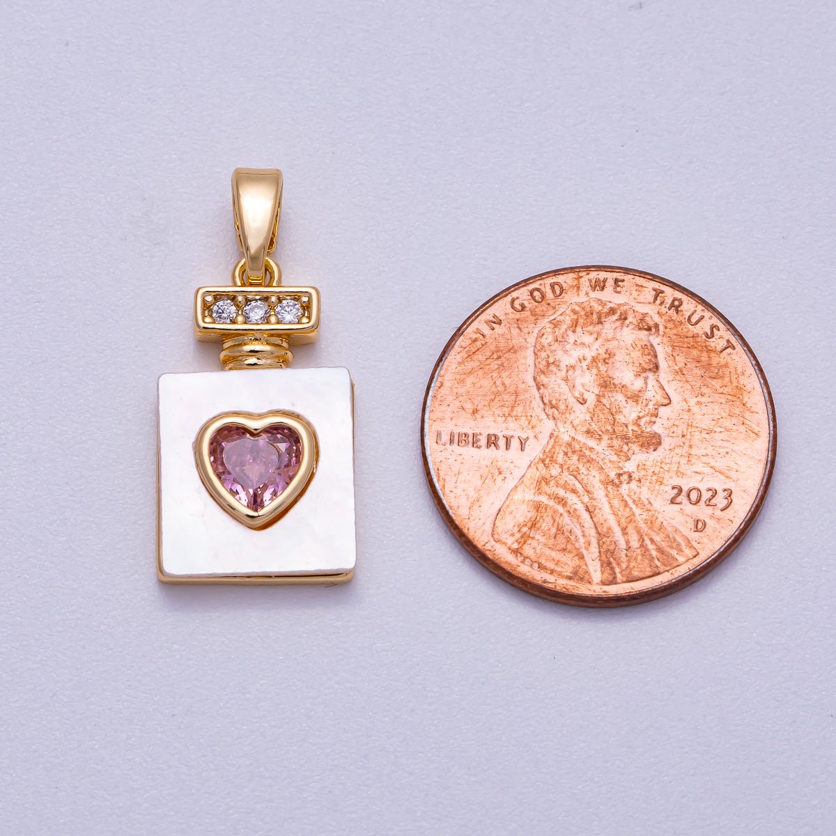 16K Gold Filled 18mm Micro Paved CZ Pink Heart Shell Heart Perfume Bottle Pendant | Charms - 00637 - DLUXCA