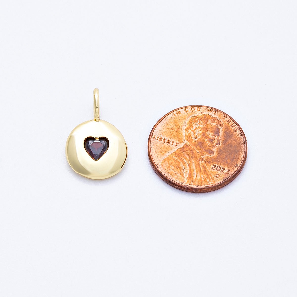 16K Gold Filled 18mm Red Heart CZ Birthstone Round Bezel Charm | AA0054 - DLUXCA