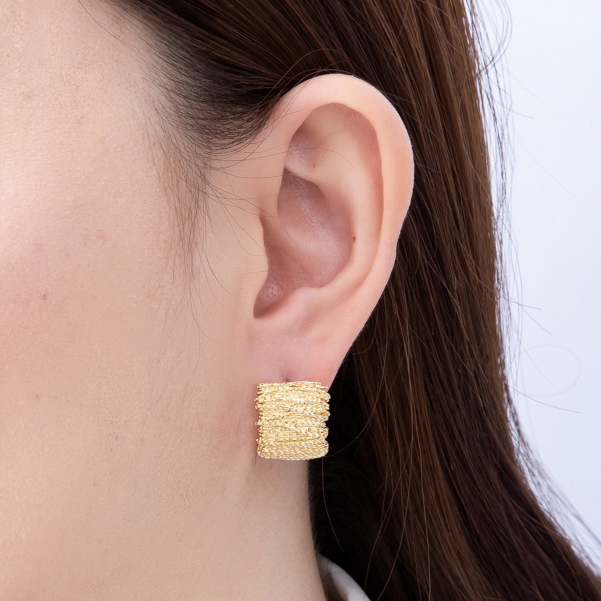 16K Gold Filled 18mm Ribbed Lined Textured Geometric Wide J-Shaped Hoop | Earrings-00800 - DLUXCA