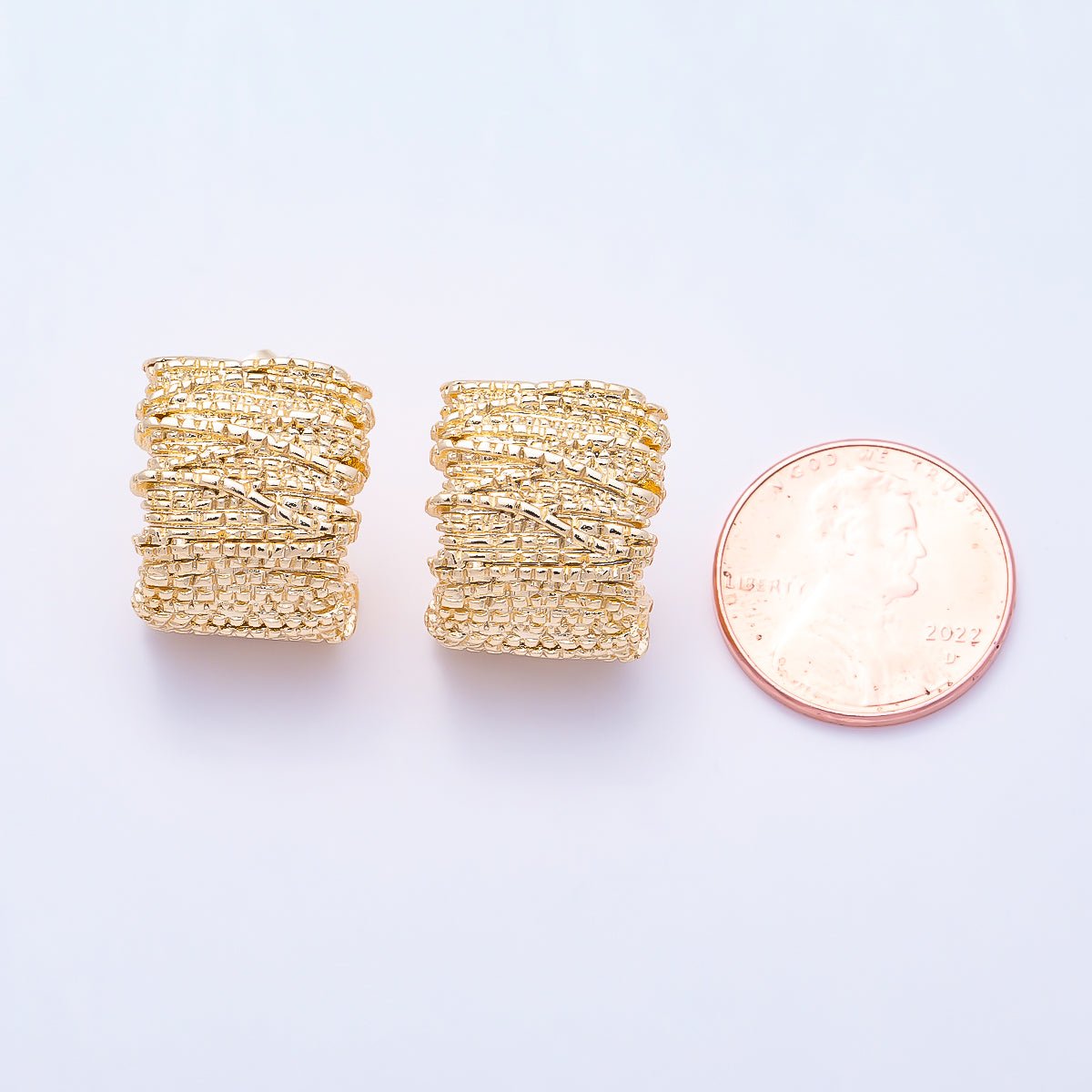 16K Gold Filled 18mm Ribbed Lined Textured Geometric Wide J-Shaped Hoop | Earrings-00800 - DLUXCA
