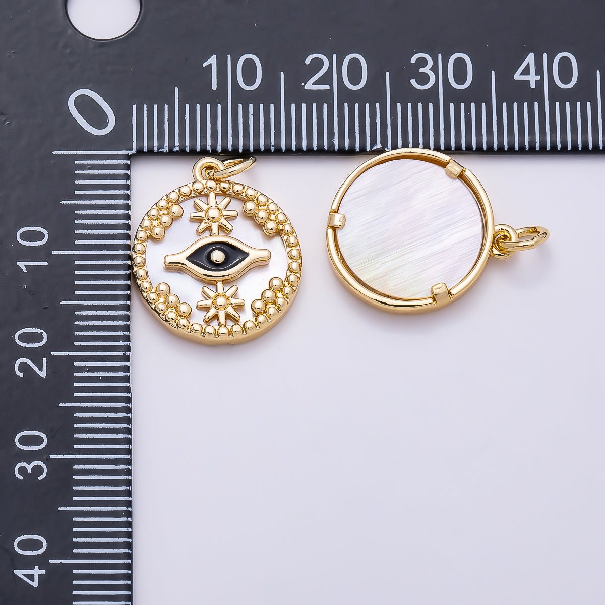 16K Gold Filled 18mm Star Evil Eye Black Enamel Shell Pearl Round Charm | Charms-01353 - DLUXCA