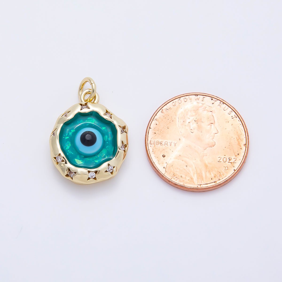 16K Gold Filled 18mm Teal Opal Clear CZ Star Dotted Molten Bezel Evil Eye Round Charm | Charms-01248 - DLUXCA
