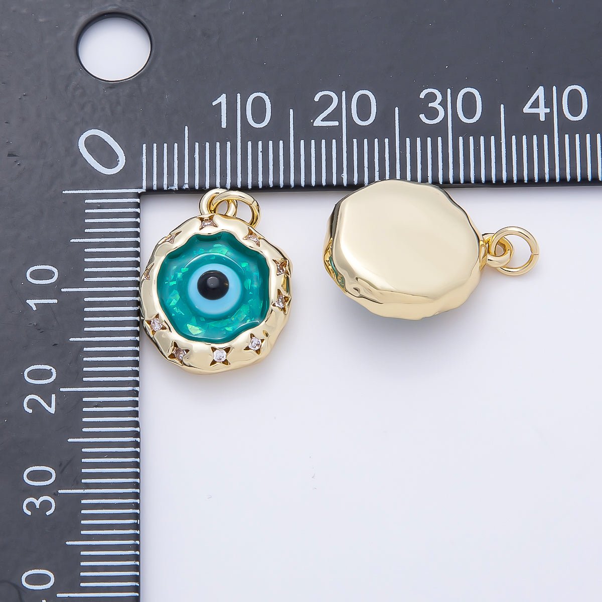 16K Gold Filled 18mm Teal Opal Clear CZ Star Dotted Molten Bezel Evil Eye Round Charm | Charms-01248 - DLUXCA