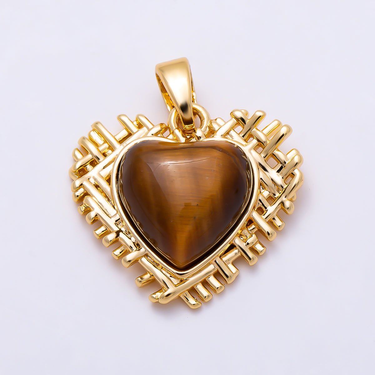 16K Gold Filled 18mm Tiger Eye Gemstone Quilted Woven Bezel Heart Pendant | Charms-01557 - DLUXCA