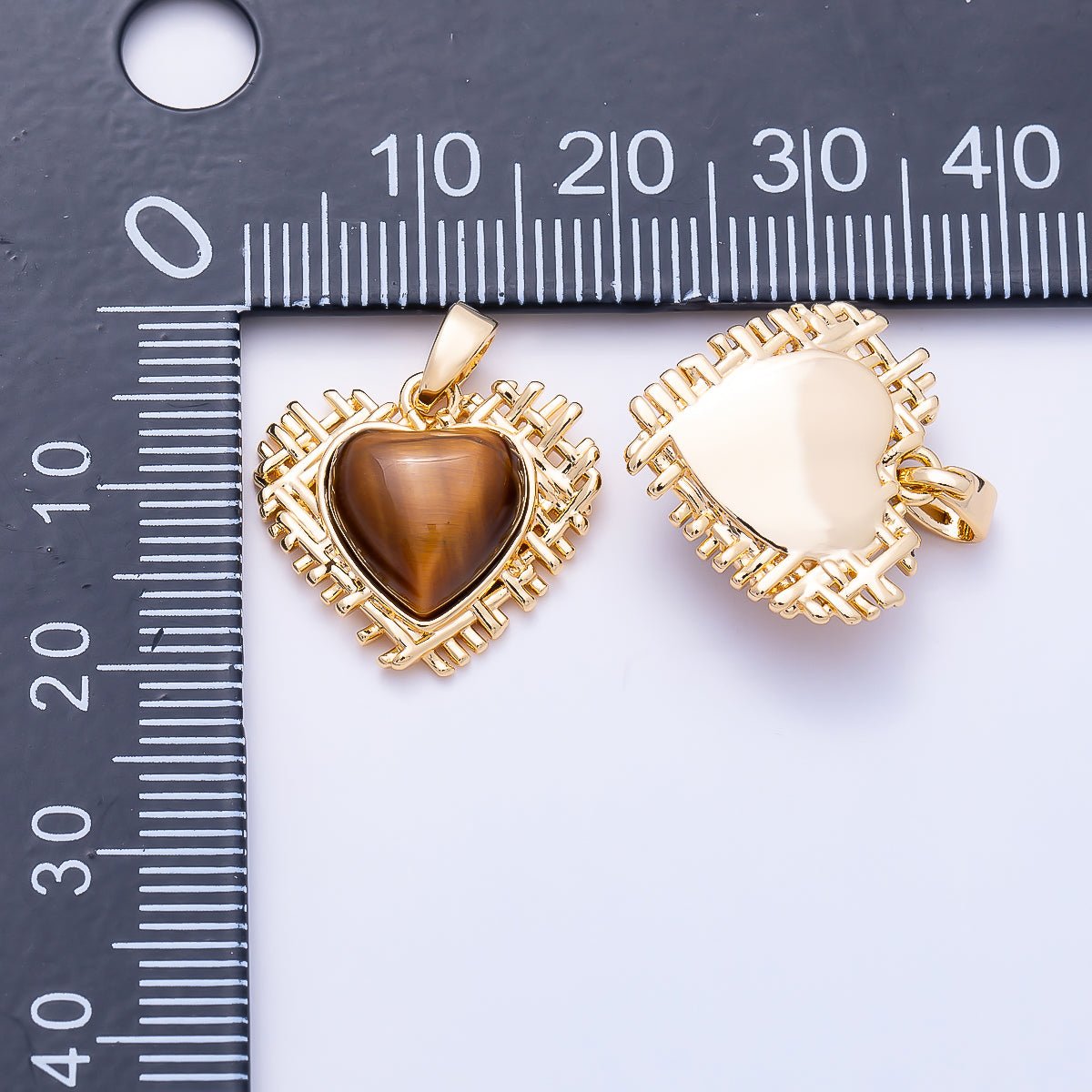 16K Gold Filled 18mm Tiger Eye Gemstone Quilted Woven Bezel Heart Pendant | Charms-01557 - DLUXCA