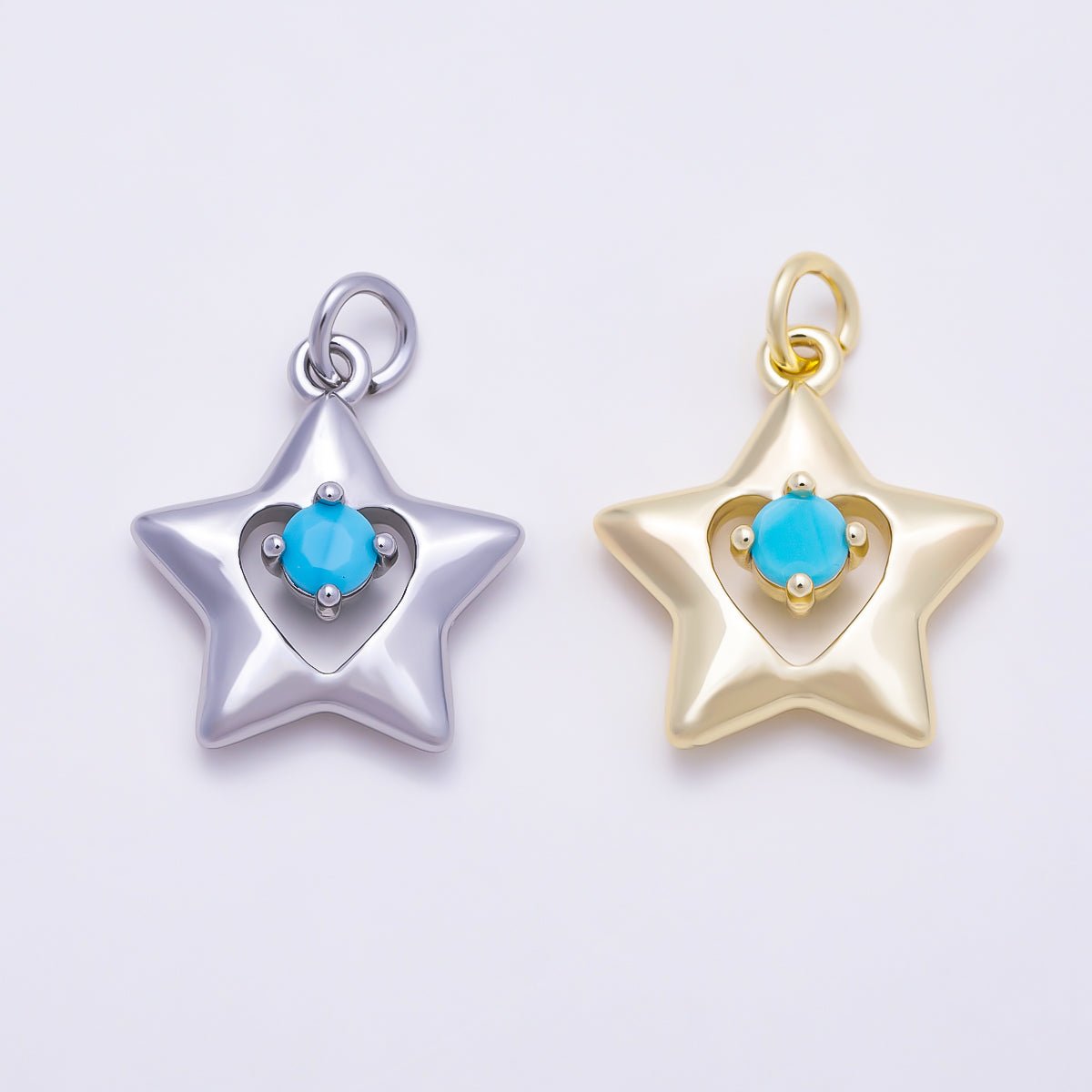 16K Gold Filled 18mm Turquoise CZ Puffy Star Heart Cutout Charm in Gold & Silver | Charms-01861 - Charms-01862 - DLUXCA