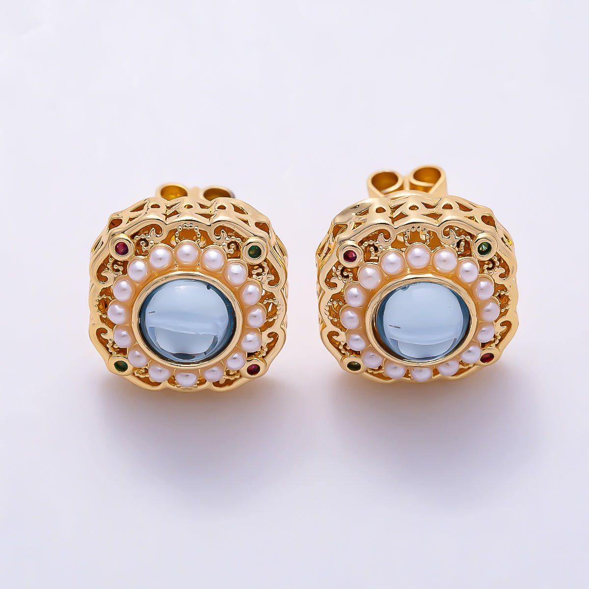 16K Gold Filled 18mm Vintage Filigree Shell Pearl Light Blue Cabochon Stud Earrings | Earrings-00838 - Earrings-00839 - DLUXCA