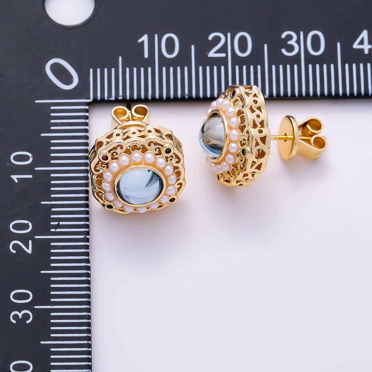16K Gold Filled 18mm Vintage Filigree Shell Pearl Light Blue Cabochon Stud Earrings | Earrings-00838 - Earrings-00839 - DLUXCA