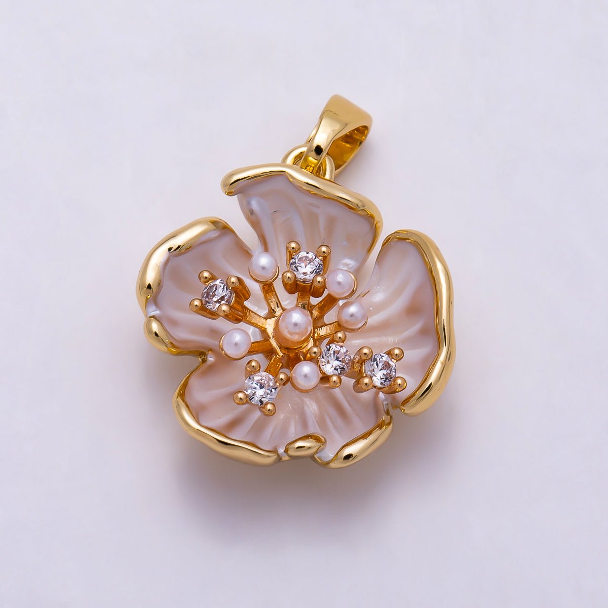 16K Gold Filled 18mm White Blue Enamel Shell Pearl Beaded Blooming Floral Pendant | Charms-01937 - Charms-01939 - DLUXCA