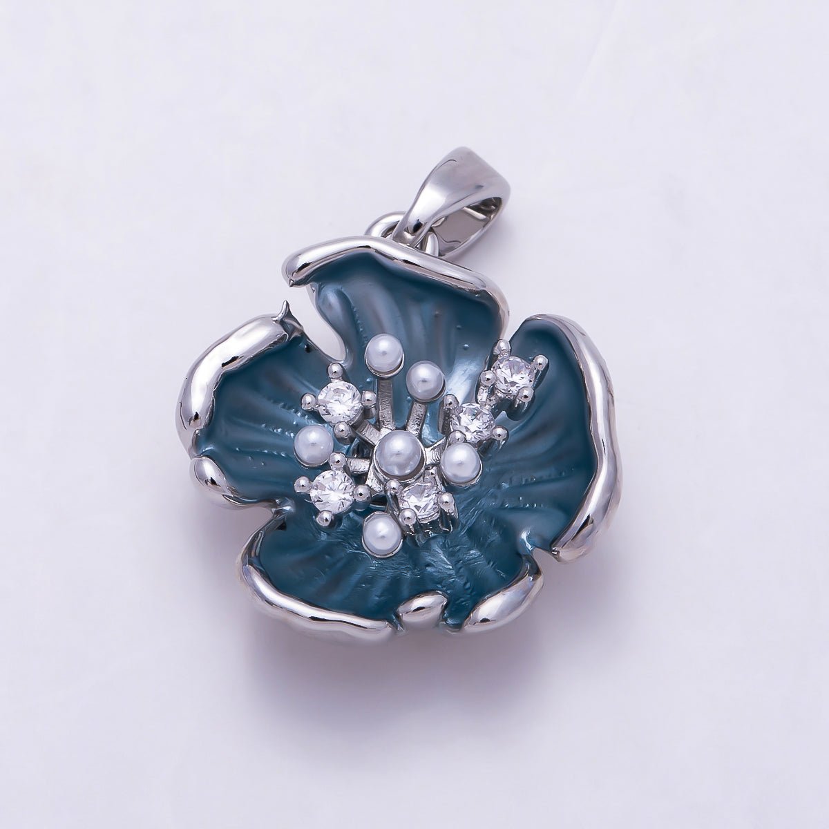 16K Gold Filled 18mm White Blue Enamel Shell Pearl Beaded Blooming Floral Pendant | Charms-01937 - Charms-01939 - DLUXCA