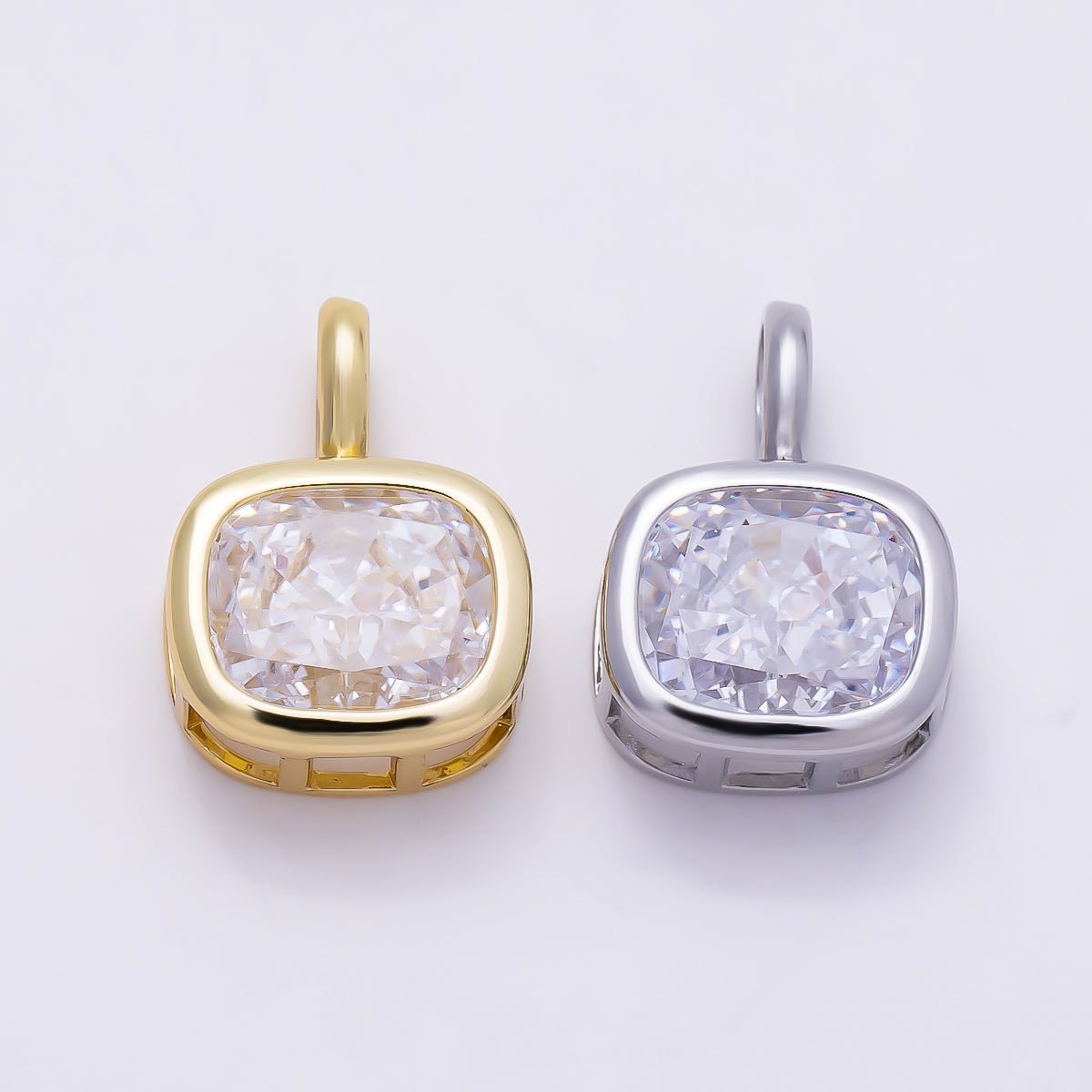 16K Gold Filled 19.5mm Baguette CZ Rounded Bezel Solitaire Pendant in Gold & Silver | Charms-01270 Charms-01271 - DLUXCA