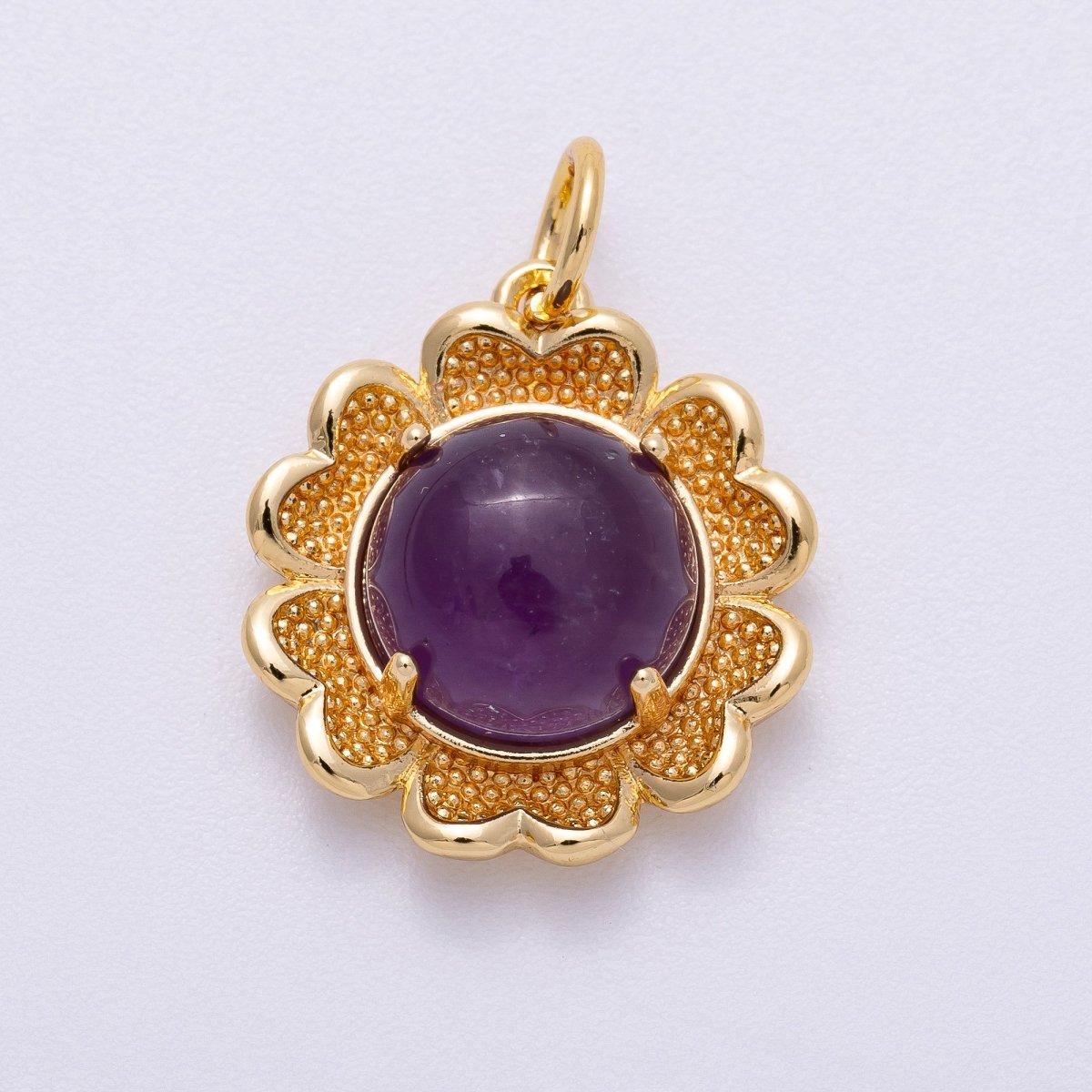 16K Gold Filled 19mm Amethyst, Carnelian Cabochon Gemstone Flower Charm | Charms - 00608 Charms - 00609 - DLUXCA