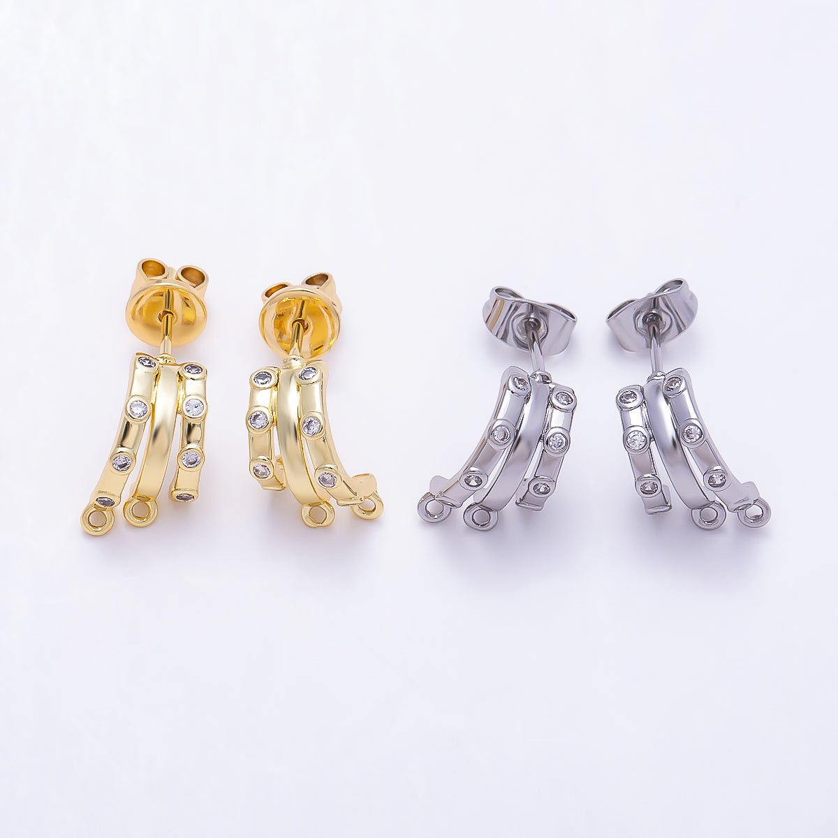 16K Gold Filled 19mm Clear CZ Dotted Triple Claw Drop C-Shaped Hoop Earring Findings in Gold & Silver| Findings-00491 Findings-00492 - DLUXCA