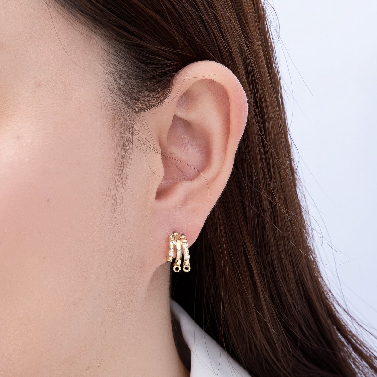 16K Gold Filled 19mm Clear CZ Dotted Triple Claw Drop C-Shaped Hoop Earring Findings in Gold & Silver| Findings-00491 Findings-00492 - DLUXCA