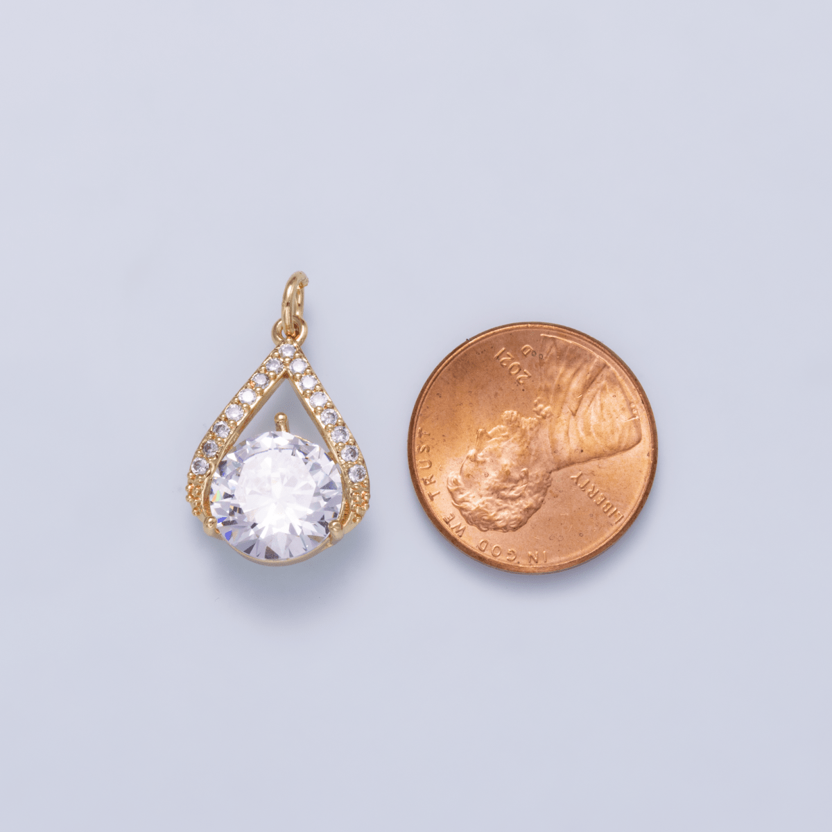 16K Gold Filled 19mm Clear CZ Round Micro Paved Teardrop Open Solitaire Charm | Charms-01267 - DLUXCA