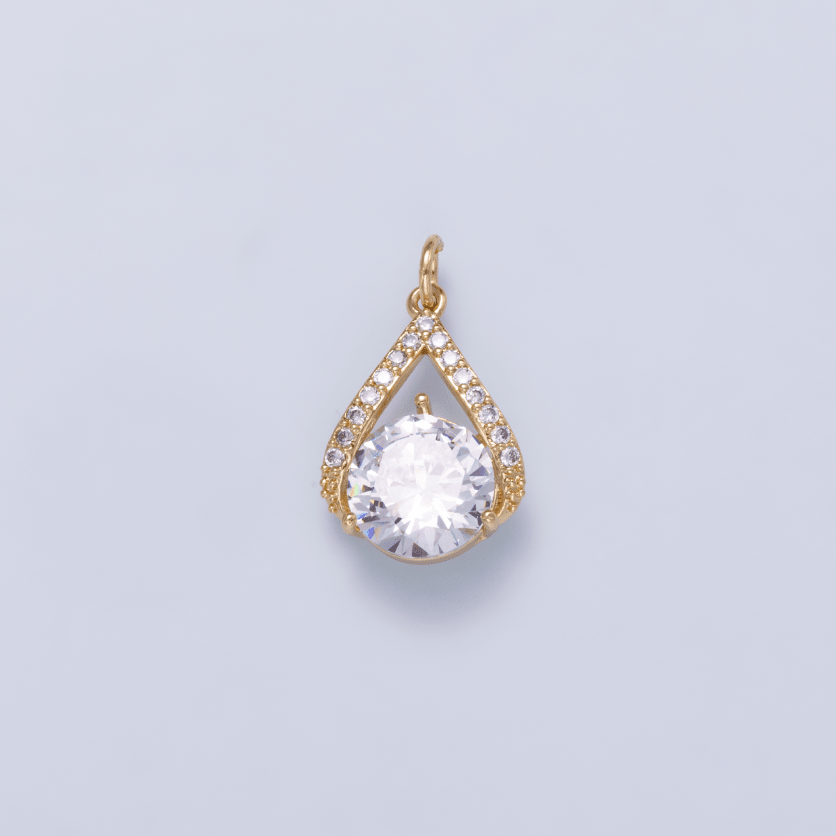 16K Gold Filled 19mm Clear CZ Round Micro Paved Teardrop Open Solitaire Charm | Charms-01267 - DLUXCA