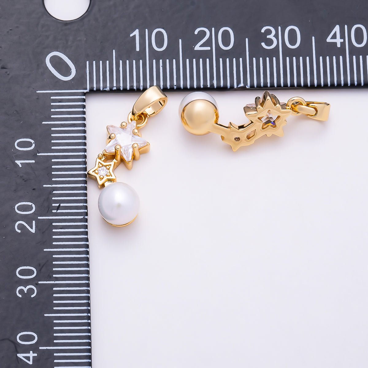 16K Gold Filled 19mm Double Star CZ & Shell Pearl Drop Pendant | Charms-01678 - Charms-01679 - DLUXCA
