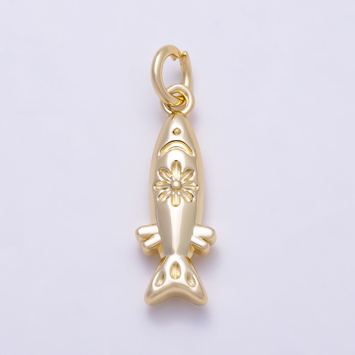 16K Gold Filled 19mm Floral Engraved 3D Puffy Fish Ocean Charm | Charms-01642 - DLUXCA