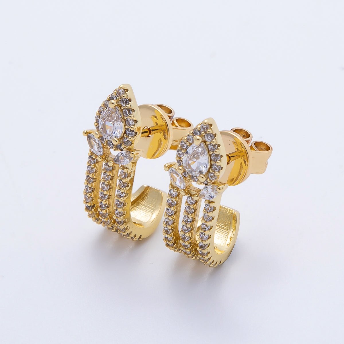 16K Gold Filled 19mm Micro Paved CZ Teardrop Claw J - Shaped Hoop Earrings | Earrings - 00340 - DLUXCA