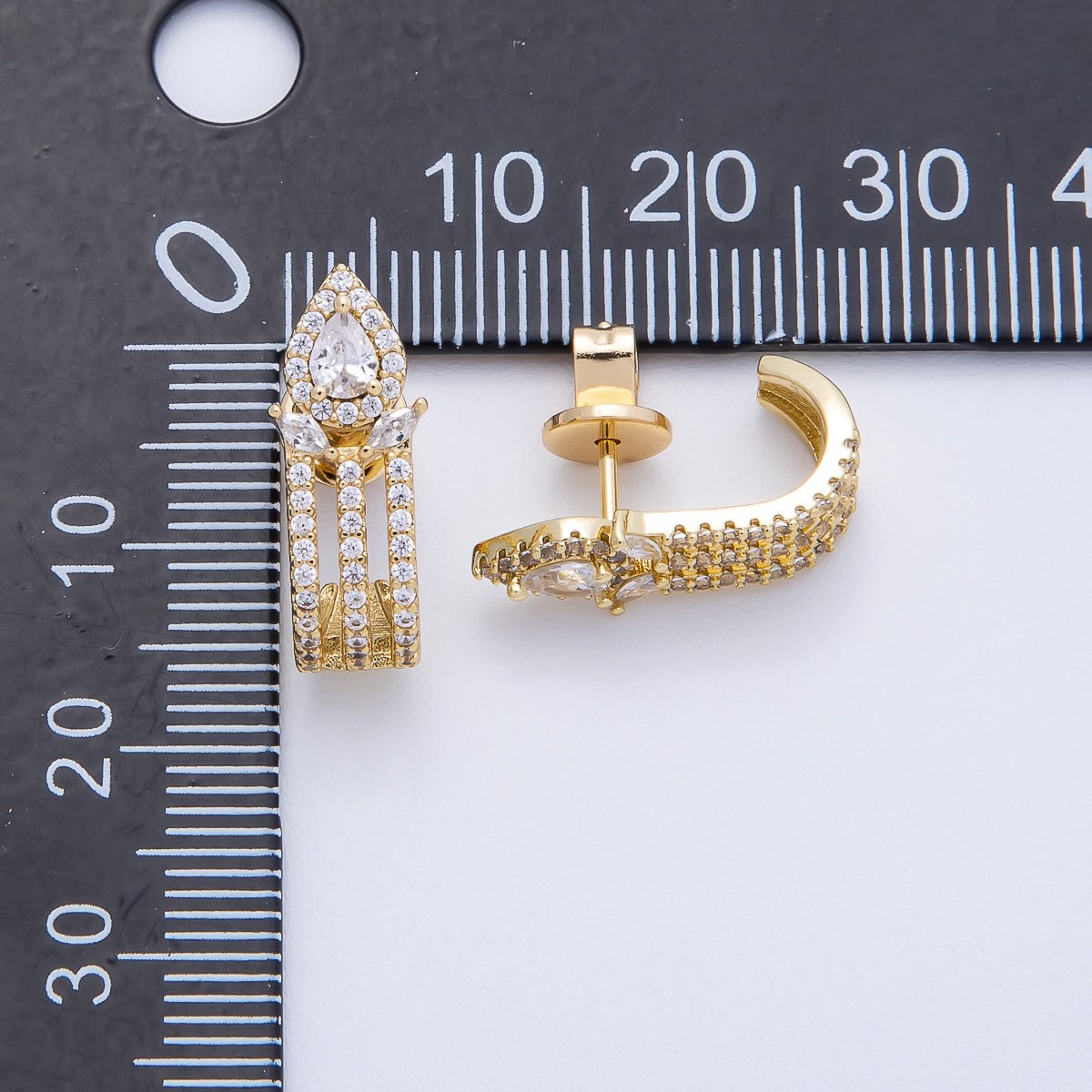 16K Gold Filled 19mm Micro Paved CZ Teardrop Claw J - Shaped Hoop Earrings | Earrings - 00340 - DLUXCA