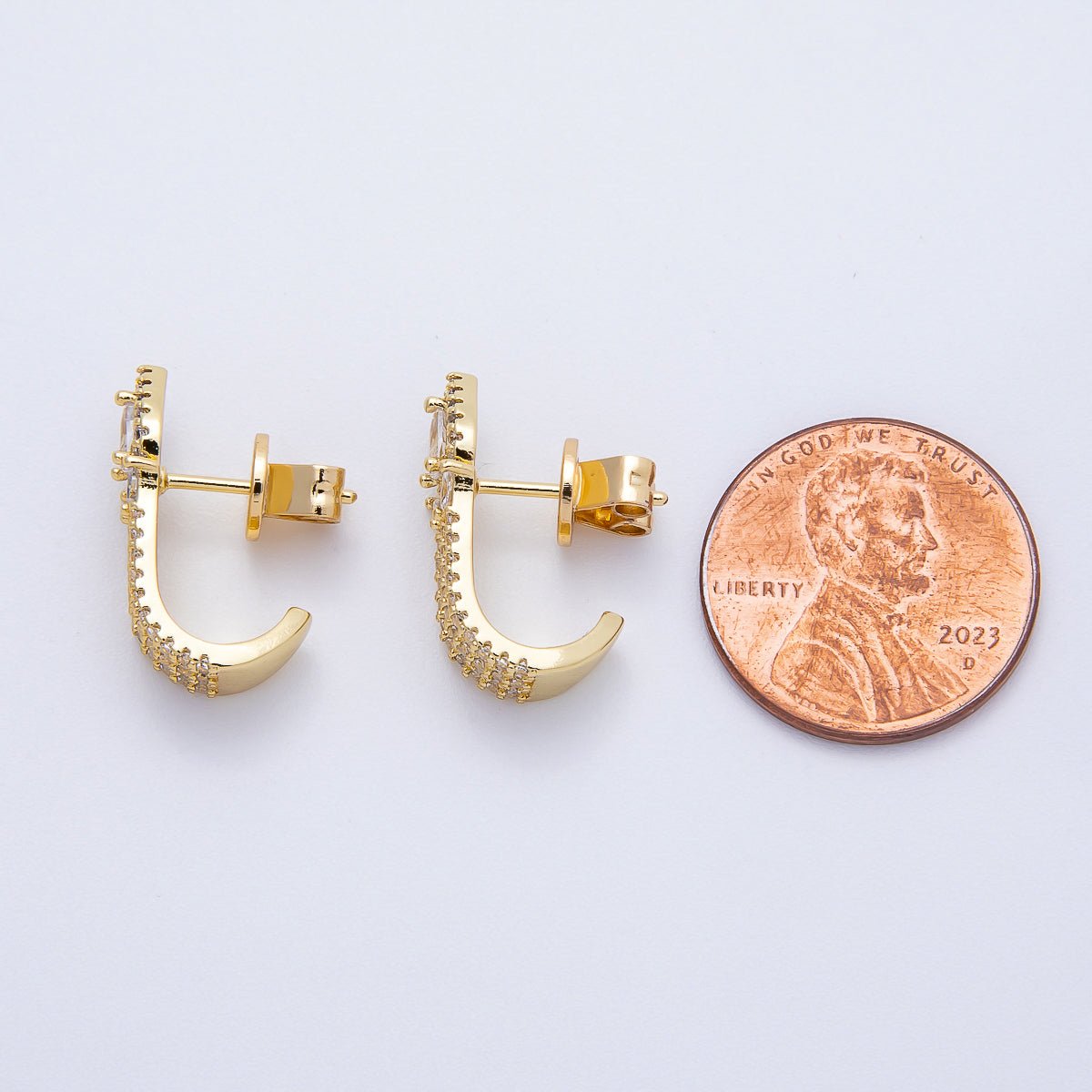 16K Gold Filled 19mm Micro Paved CZ Teardrop Claw J - Shaped Hoop Earrings | Earrings - 00340 - DLUXCA